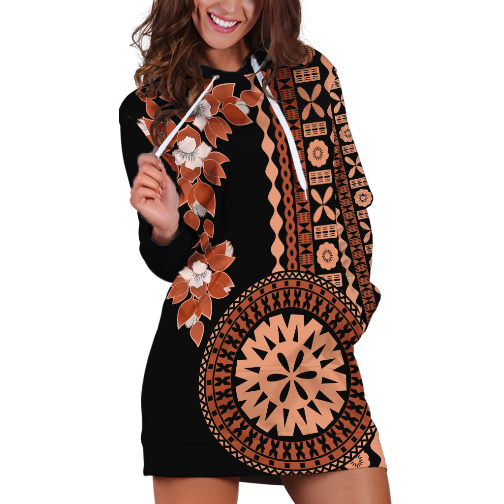 Fiji Tagimoucia Flower With Tapa Tribal Hoodie Dress Brown Color LT9 Brown - Polynesian Pride