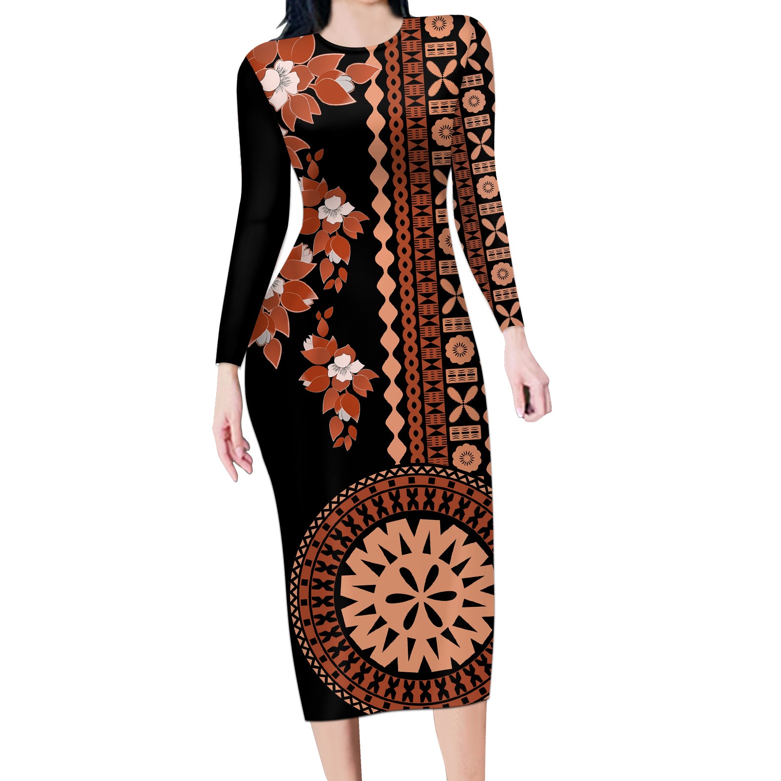 Fiji Tagimoucia Flower With Tapa Tribal Long Sleeve Bodycon Dress Brown Color LT9 Long Dress Brown - Polynesian Pride