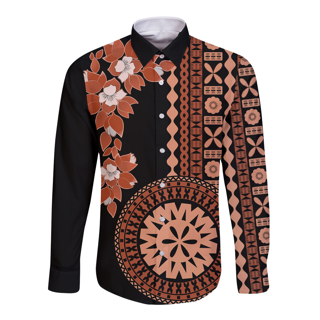 Fiji Tagimoucia Flower With Tapa Tribal Long Sleeve Button Shirt Brown Color LT9 Unisex Brown - Polynesian Pride