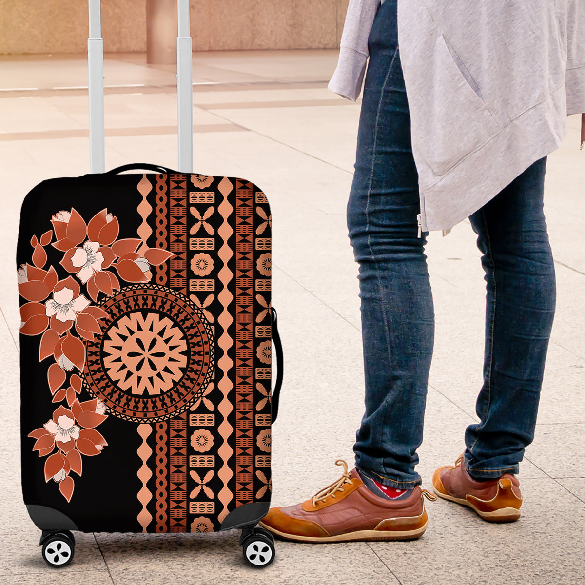 Fiji Tagimoucia Flower With Tapa Tribal Luggage Cover Brown Color LT9 Brown - Polynesian Pride