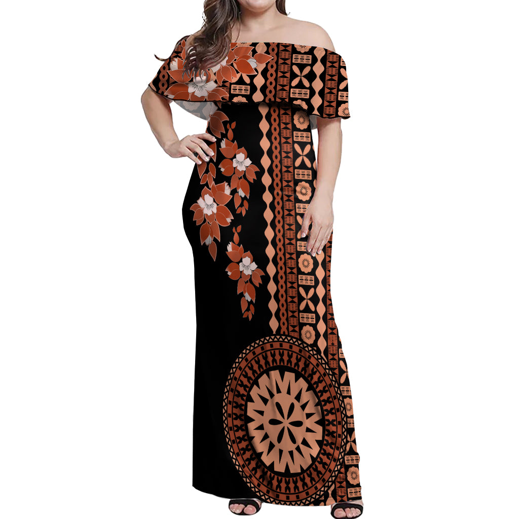 Fiji Tagimoucia Flower With Tapa Tribal Off Shoulder Maxi Dress Brown Color LT9 Women Brown - Polynesian Pride