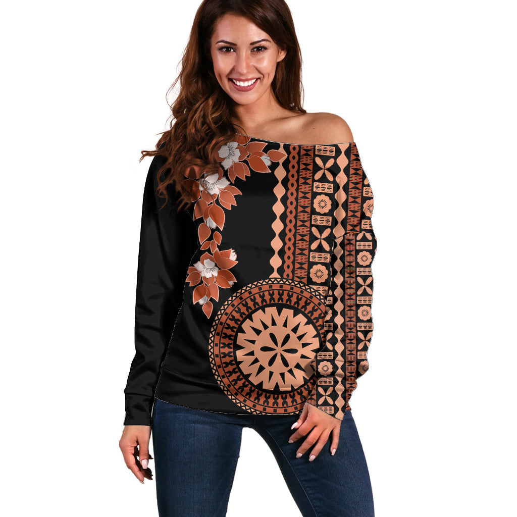 Fiji Tagimoucia Flower With Tapa Tribal Off Shoulder Sweater Brown Color LT9 Women Brown - Polynesian Pride