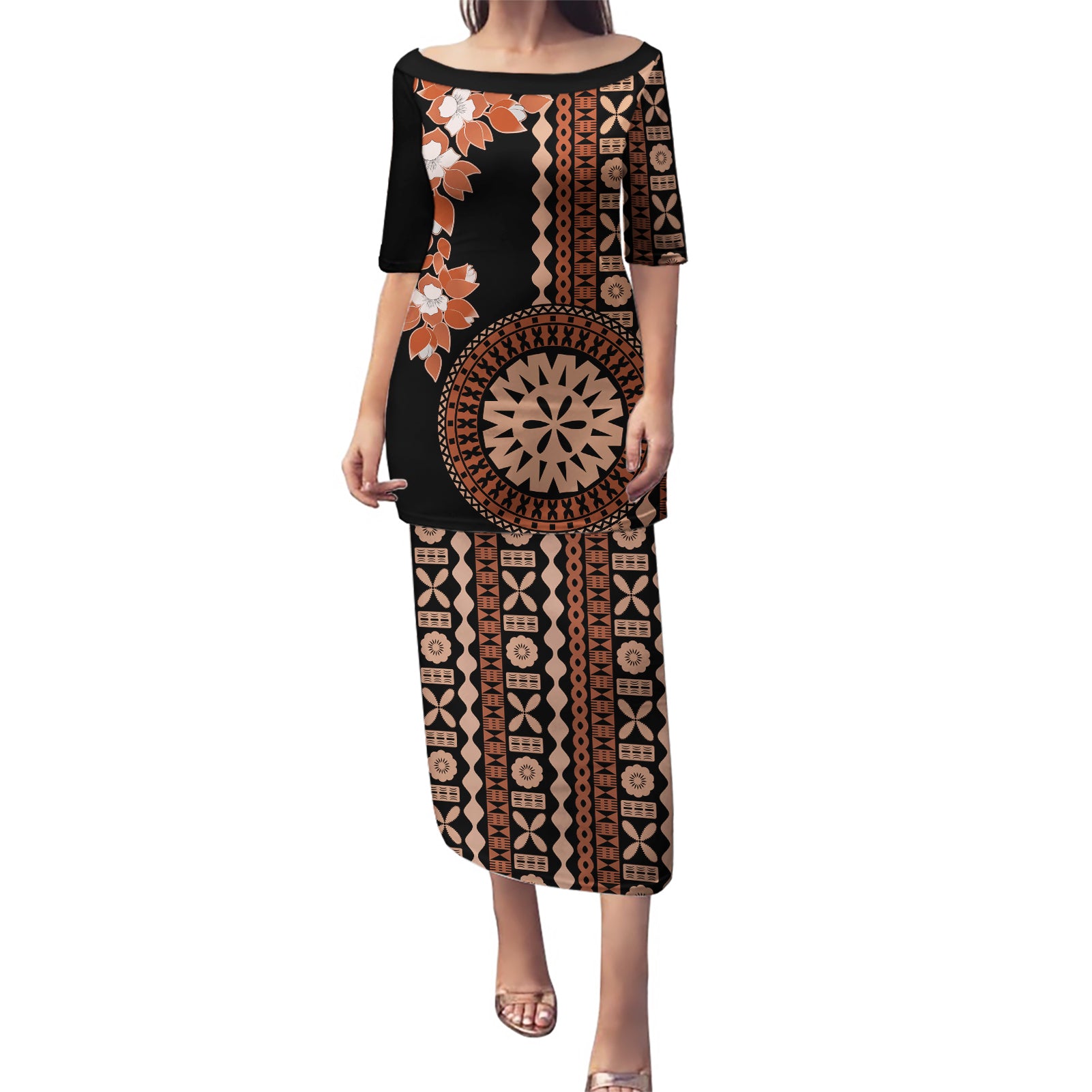 Fiji Tagimoucia Flower With Tapa Tribal Puletasi Brown Color LT9 Long Dress Brown - Polynesian Pride