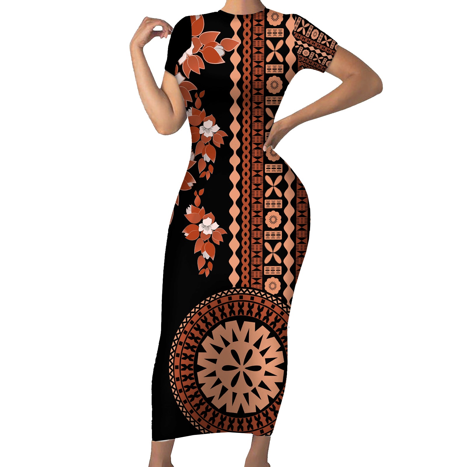 Fiji Tagimoucia Flower With Tapa Tribal Short Sleeve Bodycon Dress Brown Color LT9 Long Dress Brown - Polynesian Pride