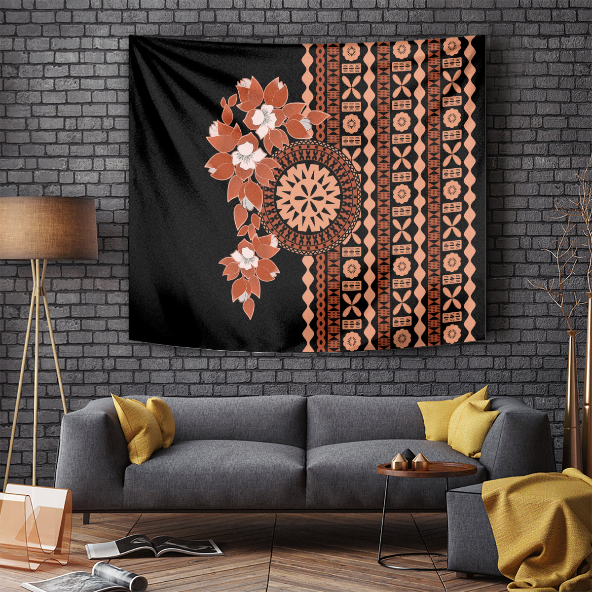 Fiji Tagimoucia Flower With Tapa Tribal Tapestry Brown Color LT9 Brown - Polynesian Pride