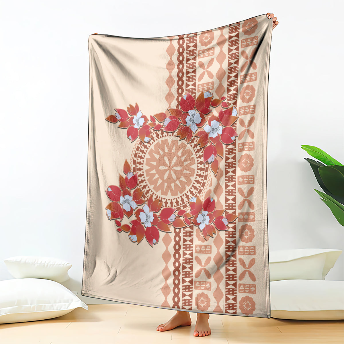 Bula Fiji Tagimoucia Flower Masi Tapa Tribal Blanket Beige Color LT9 Beige - Polynesian Pride