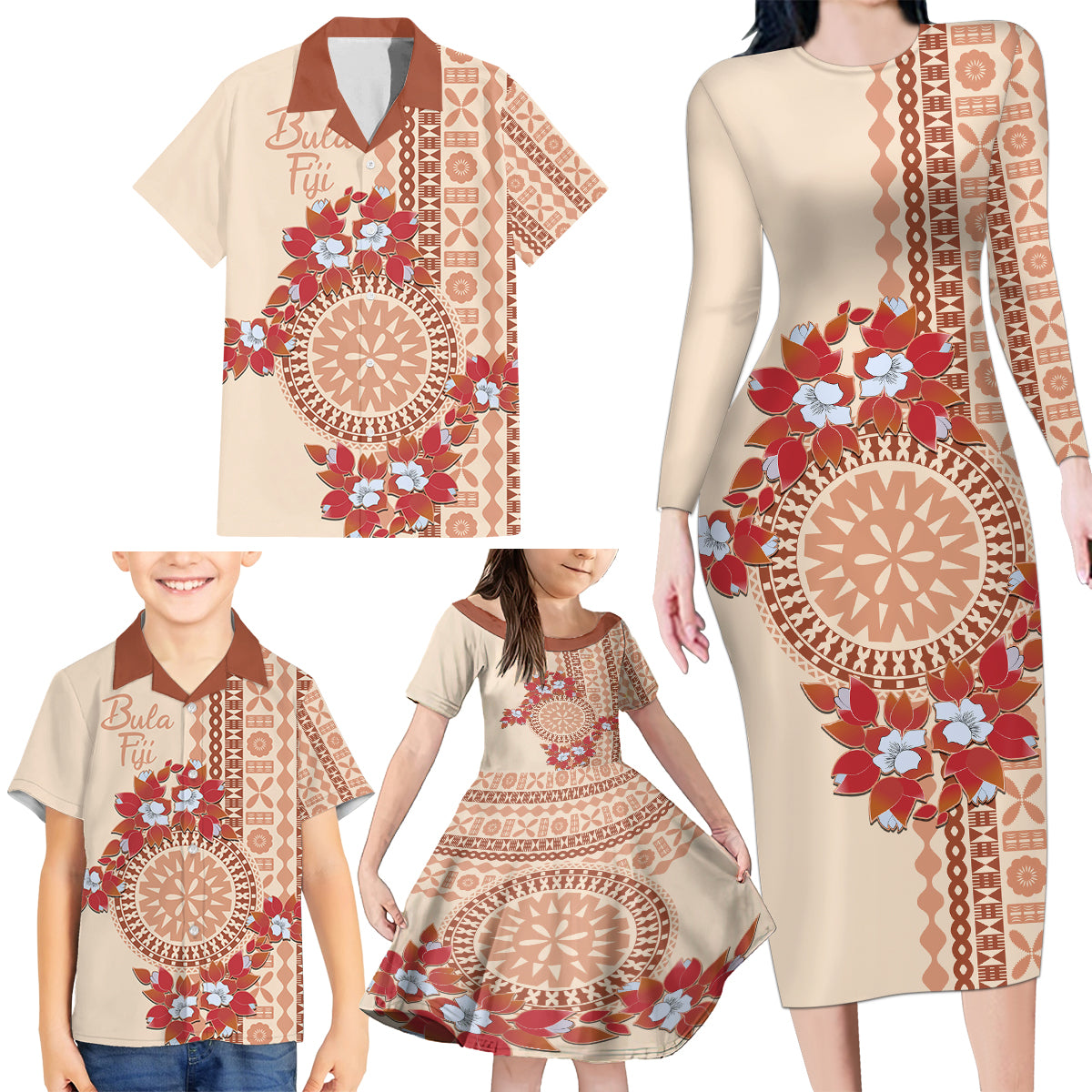 Bula Fiji Tagimoucia Flower Masi Tapa Tribal Family Matching Long Sleeve Bodycon Dress and Hawaiian Shirt Beige Color LT9 - Polynesian Pride