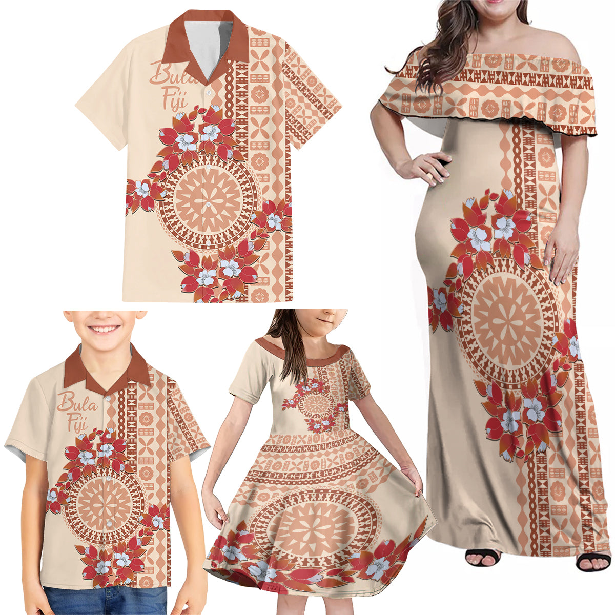 Bula Fiji Tagimoucia Flower Masi Tapa Tribal Family Matching Off Shoulder Maxi Dress and Hawaiian Shirt Beige Color LT9 - Polynesian Pride