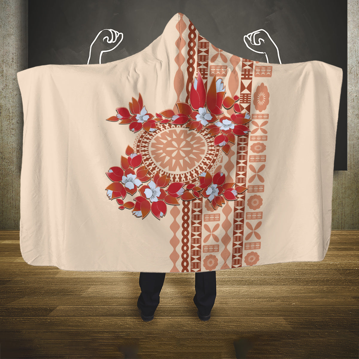 Bula Fiji Tagimoucia Flower Masi Tapa Tribal Hooded Blanket Beige Color LT9 One Size Beige - Polynesian Pride