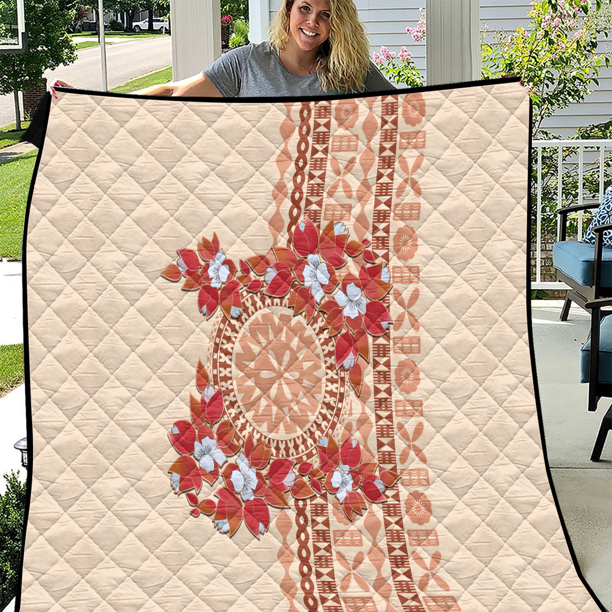 Bula Fiji Tagimoucia Flower Masi Tapa Tribal Quilt Beige Color LT9 Beige - Polynesian Pride