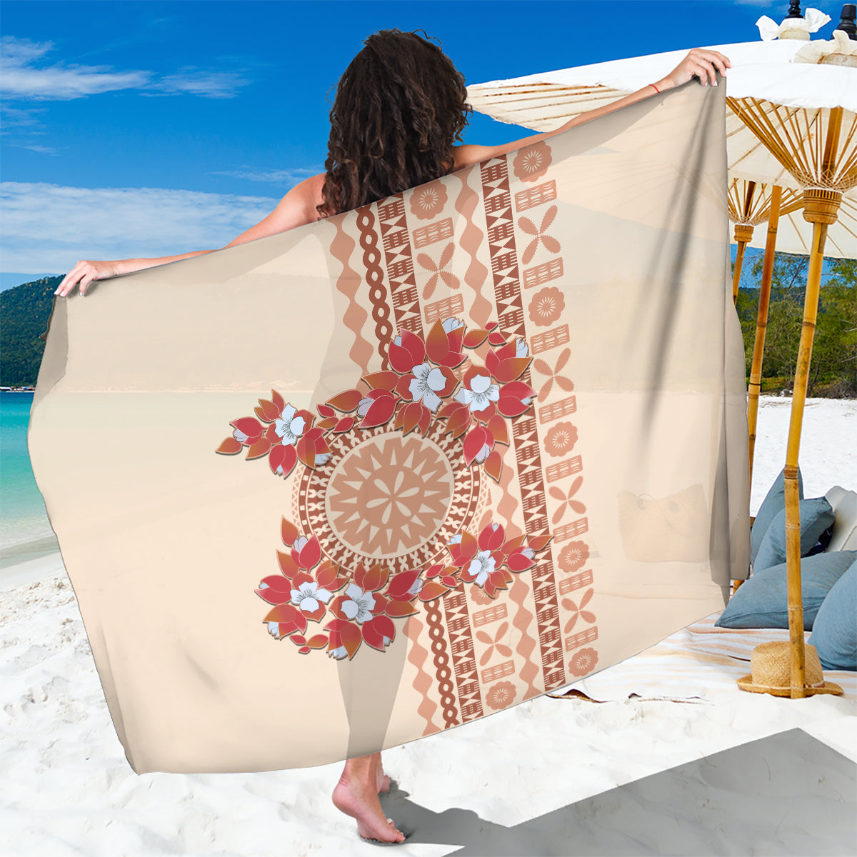 Bula Fiji Tagimoucia Flower Masi Tapa Tribal Sarong Beige Color LT9 One Size 44 x 66 inches Beige - Polynesian Pride