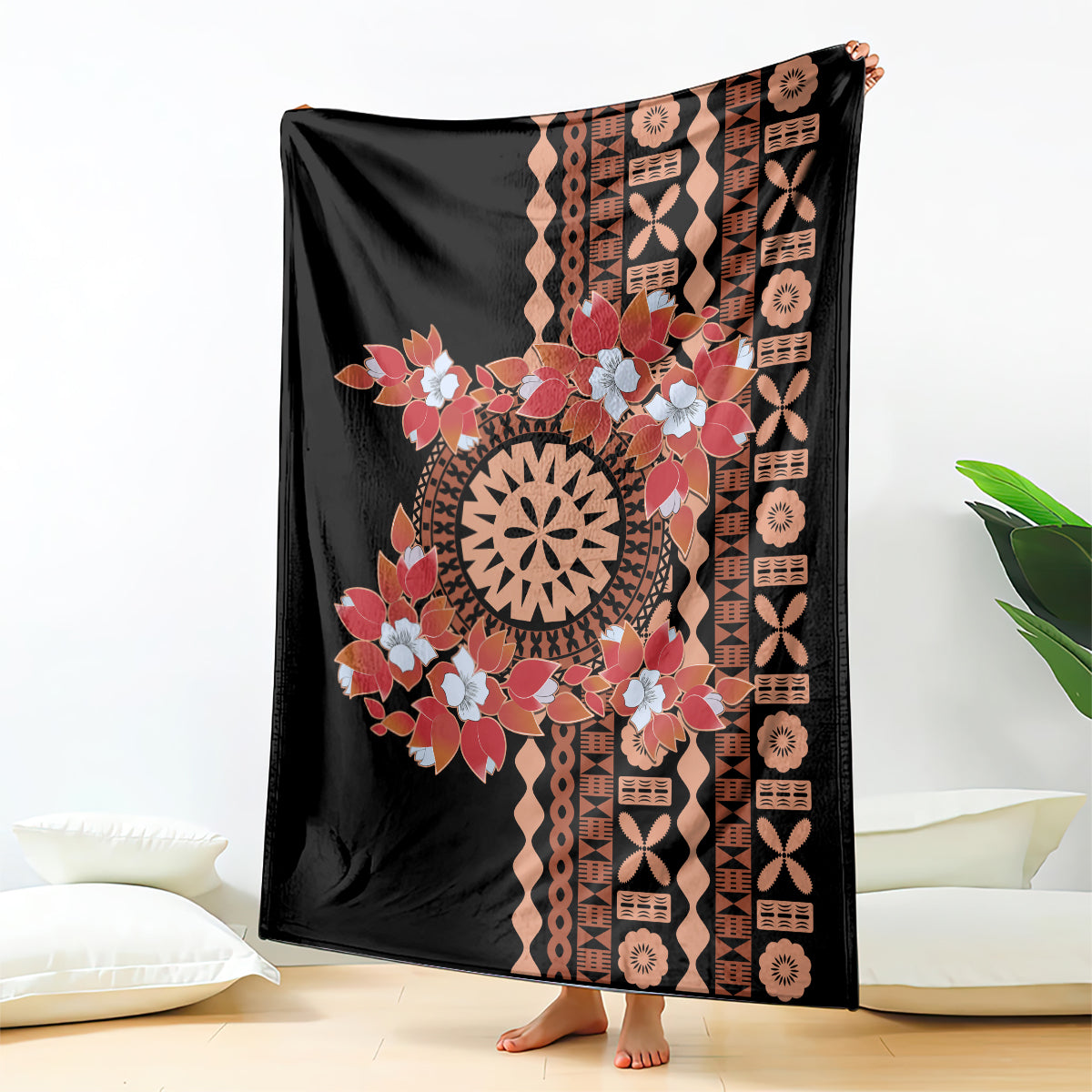 Bula Fiji Tagimoucia Flower Masi Tapa Tribal Blanket Brown Color LT9 Brown - Polynesian Pride