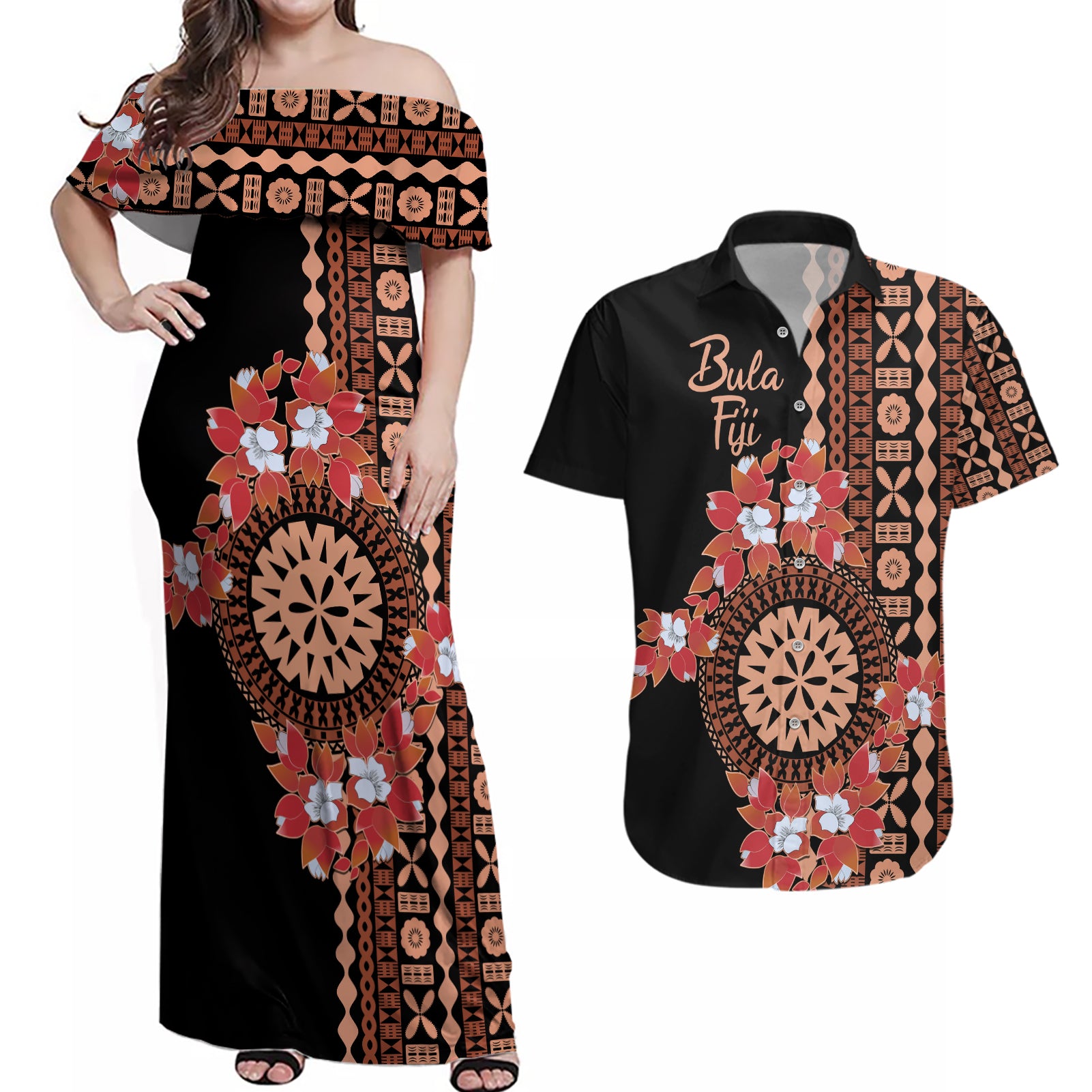 Bula Fiji Tagimoucia Flower Masi Tapa Tribal Couples Matching Off Shoulder Maxi Dress and Hawaiian Shirt Brown Color LT9 Brown - Polynesian Pride