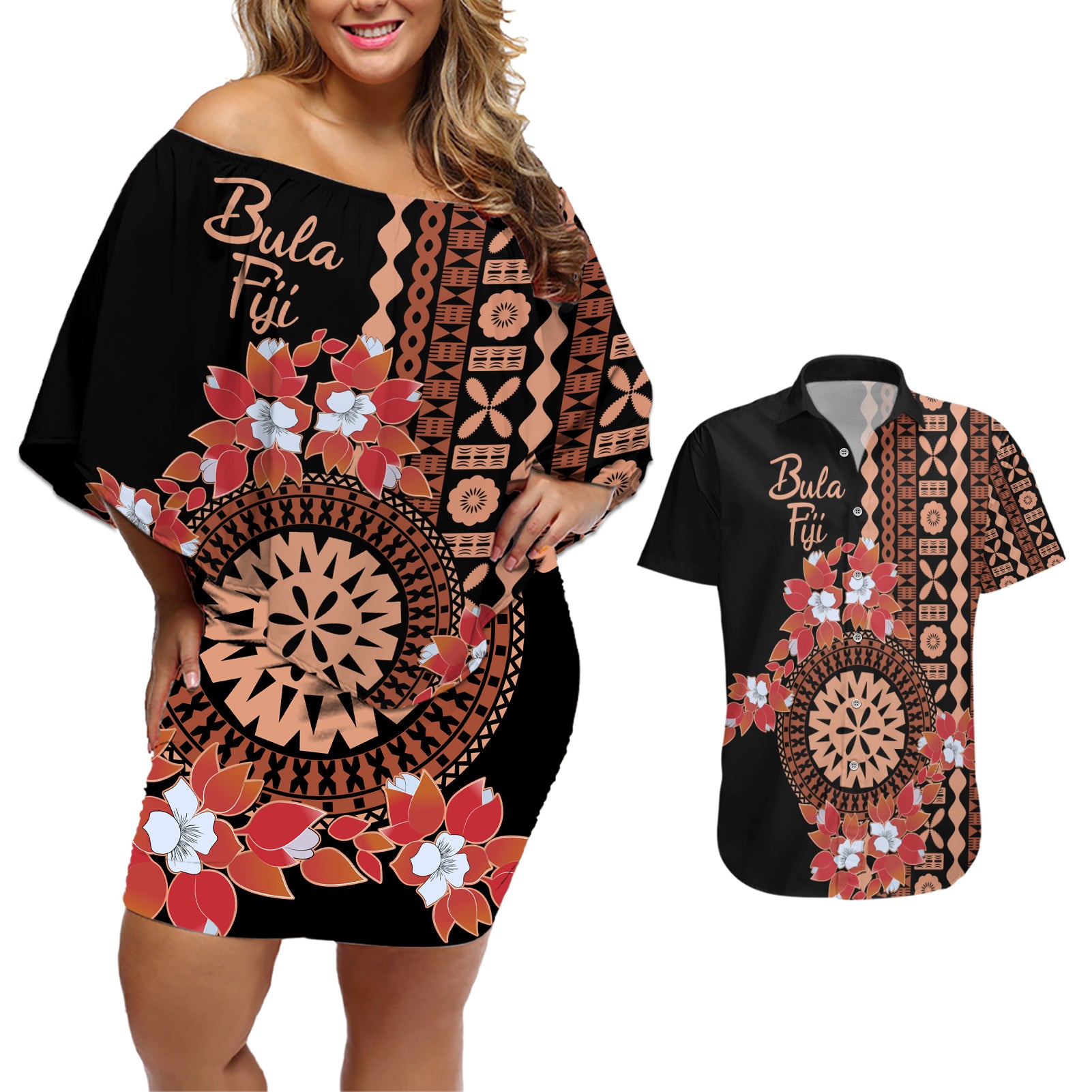 Bula Fiji Tagimoucia Flower Masi Tapa Tribal Couples Matching Off Shoulder Short Dress and Hawaiian Shirt Brown Color LT9 Brown - Polynesian Pride