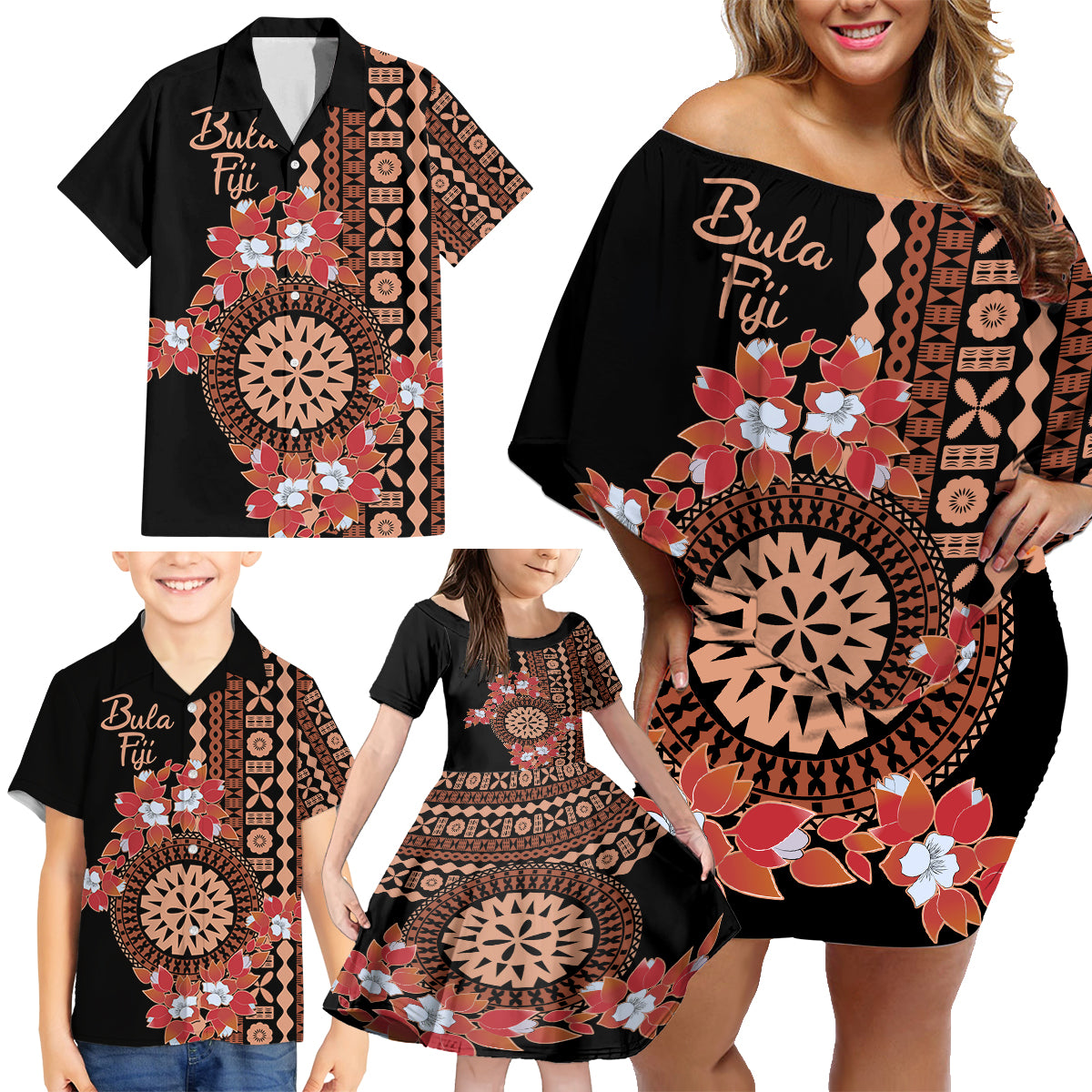 Bula Fiji Tagimoucia Flower Masi Tapa Tribal Family Matching Off Shoulder Short Dress and Hawaiian Shirt Brown Color LT9 - Polynesian Pride