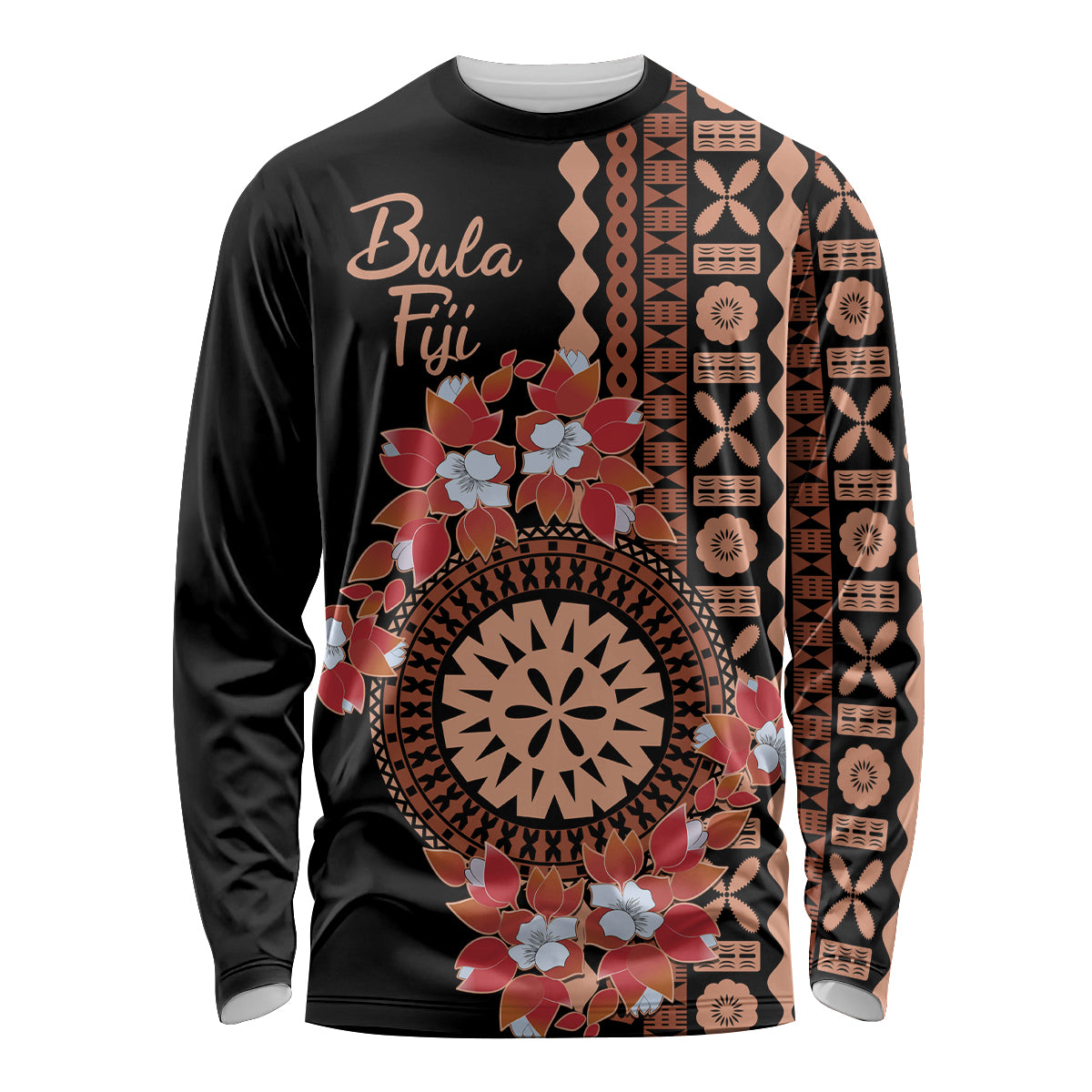 Bula Fiji Tagimoucia Flower Masi Tapa Tribal Long Sleeve Shirt Brown Color LT9 Unisex Brown - Polynesian Pride