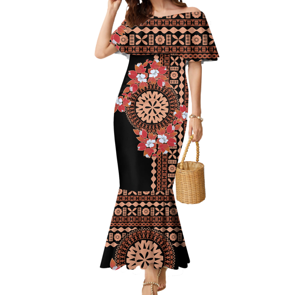 Bula Fiji Tagimoucia Flower Masi Tapa Tribal Mermaid Dress Brown Color LT9 Women Brown - Polynesian Pride