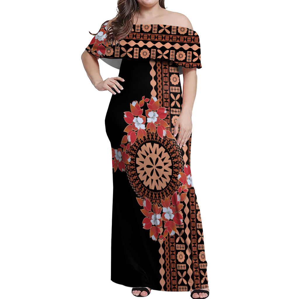 Bula Fiji Tagimoucia Flower Masi Tapa Tribal Off Shoulder Maxi Dress Brown Color LT9 Women Brown - Polynesian Pride