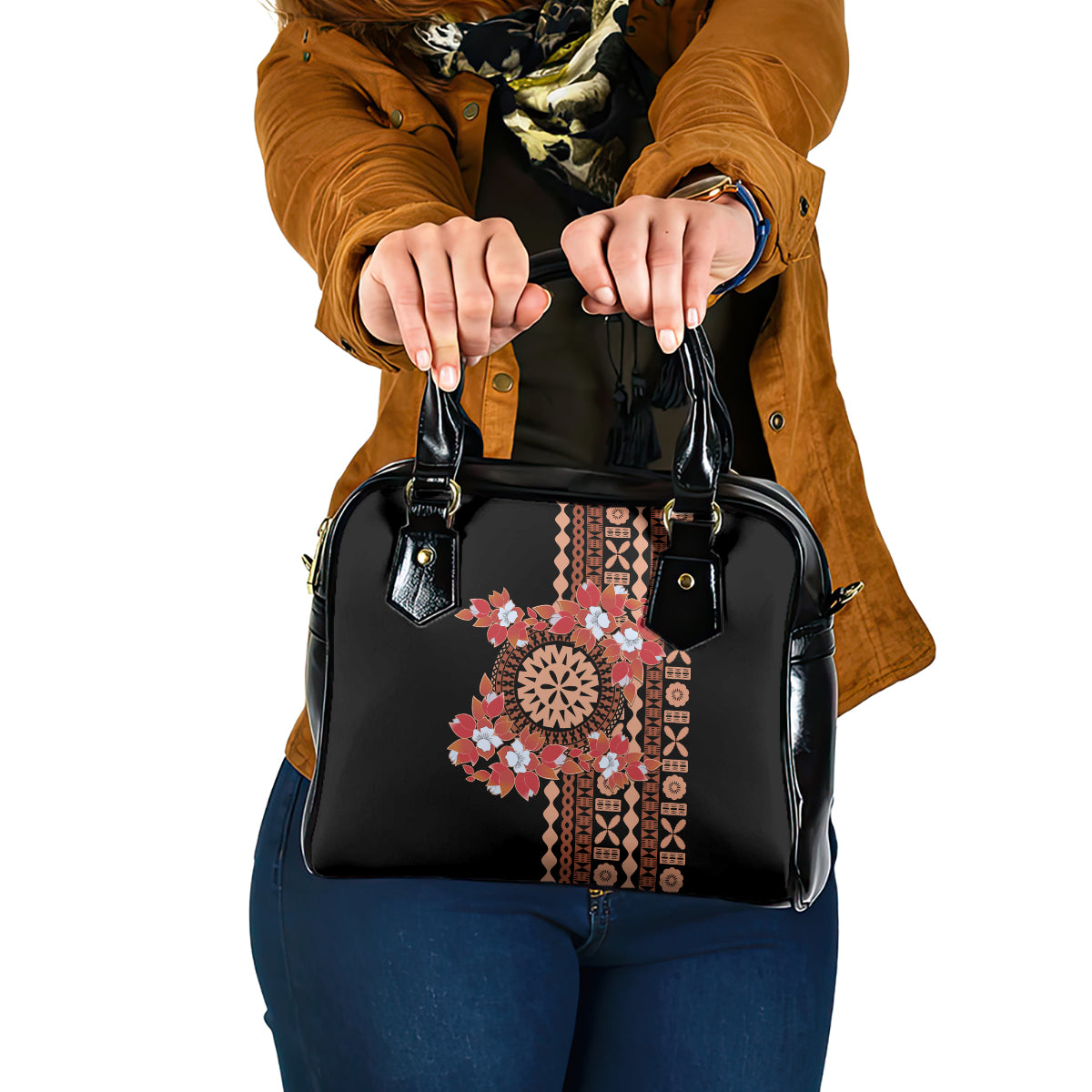 Bula Fiji Tagimoucia Flower Masi Tapa Tribal Shoulder Handbag Brown Color LT9 One Size Brown - Polynesian Pride