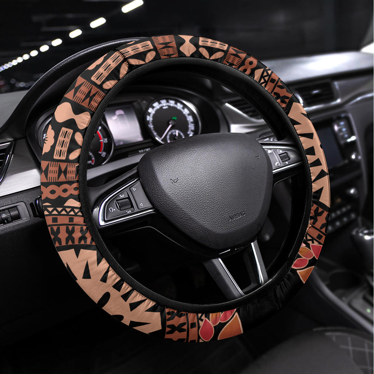 Bula Fiji Tagimoucia Flower Masi Tapa Tribal Steering Wheel Cover Brown Color