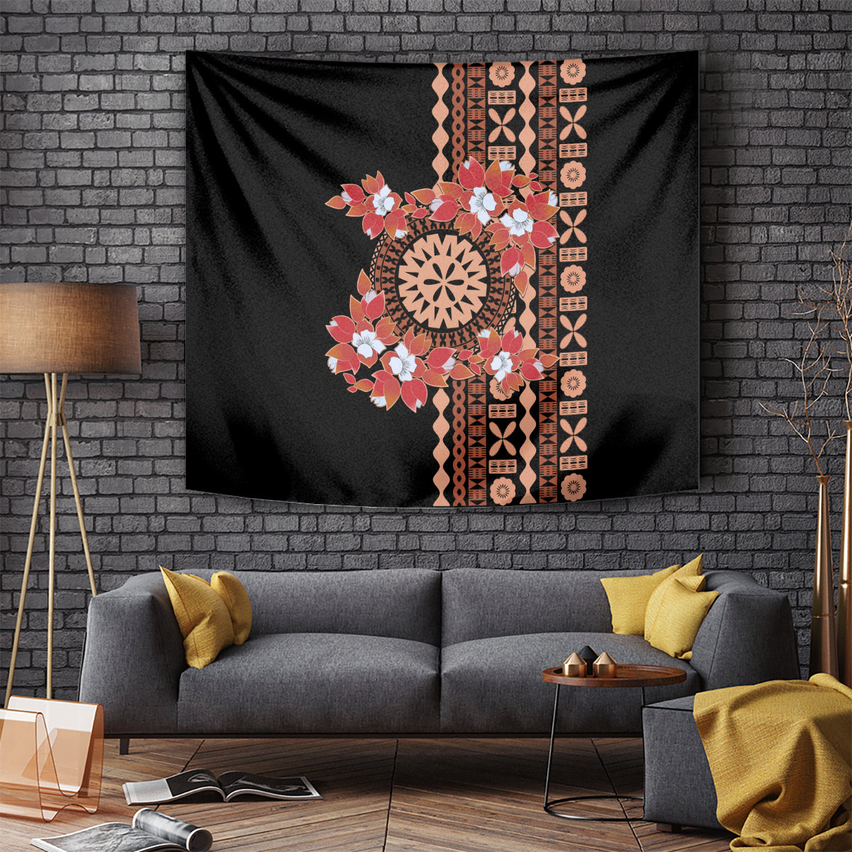 Bula Fiji Tagimoucia Flower Masi Tapa Tribal Tapestry Brown Color LT9 Brown - Polynesian Pride