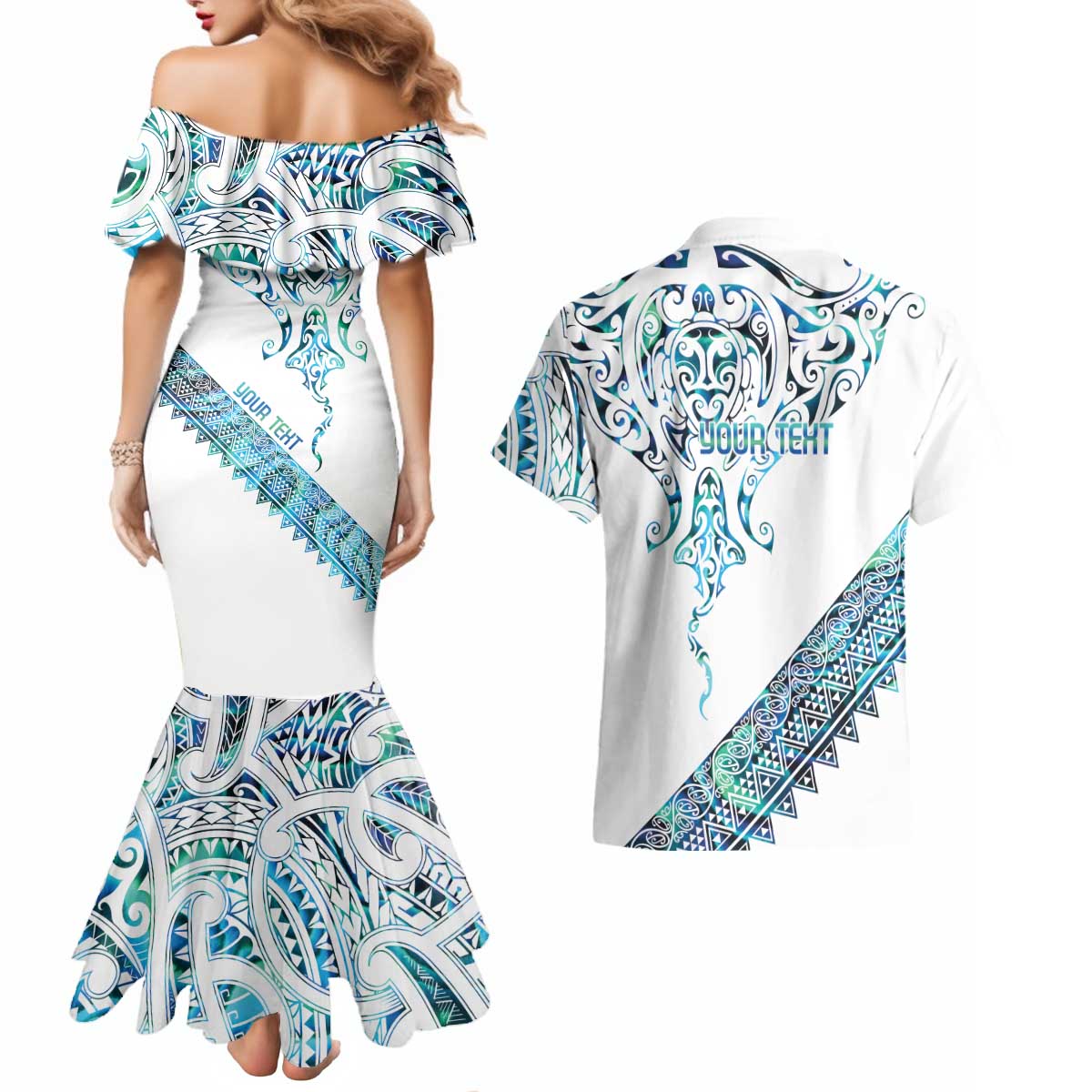 Kahui Whetu Paua shell Kowhaiwhai Taniko Personalised Couples Matching Mermaid Dress and Hawaiian Shirt Manta Ray Shark-Turtle Maori Tribal Style