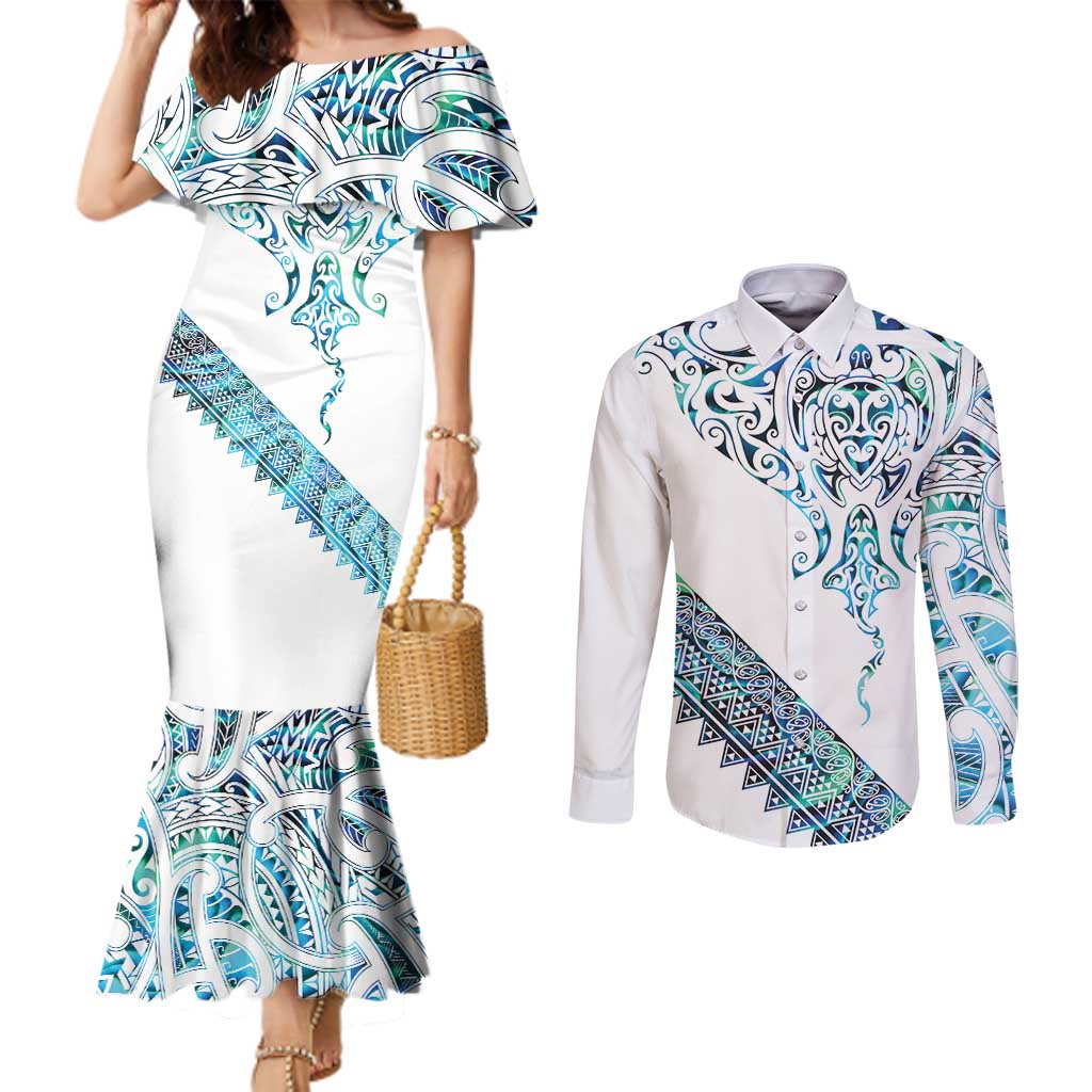 Kahui Whetu Paua shell Kowhaiwhai Taniko Personalised Couples Matching Mermaid Dress and Long Sleeve Button Shirt Manta Ray Shark-Turtle Maori Tribal Style