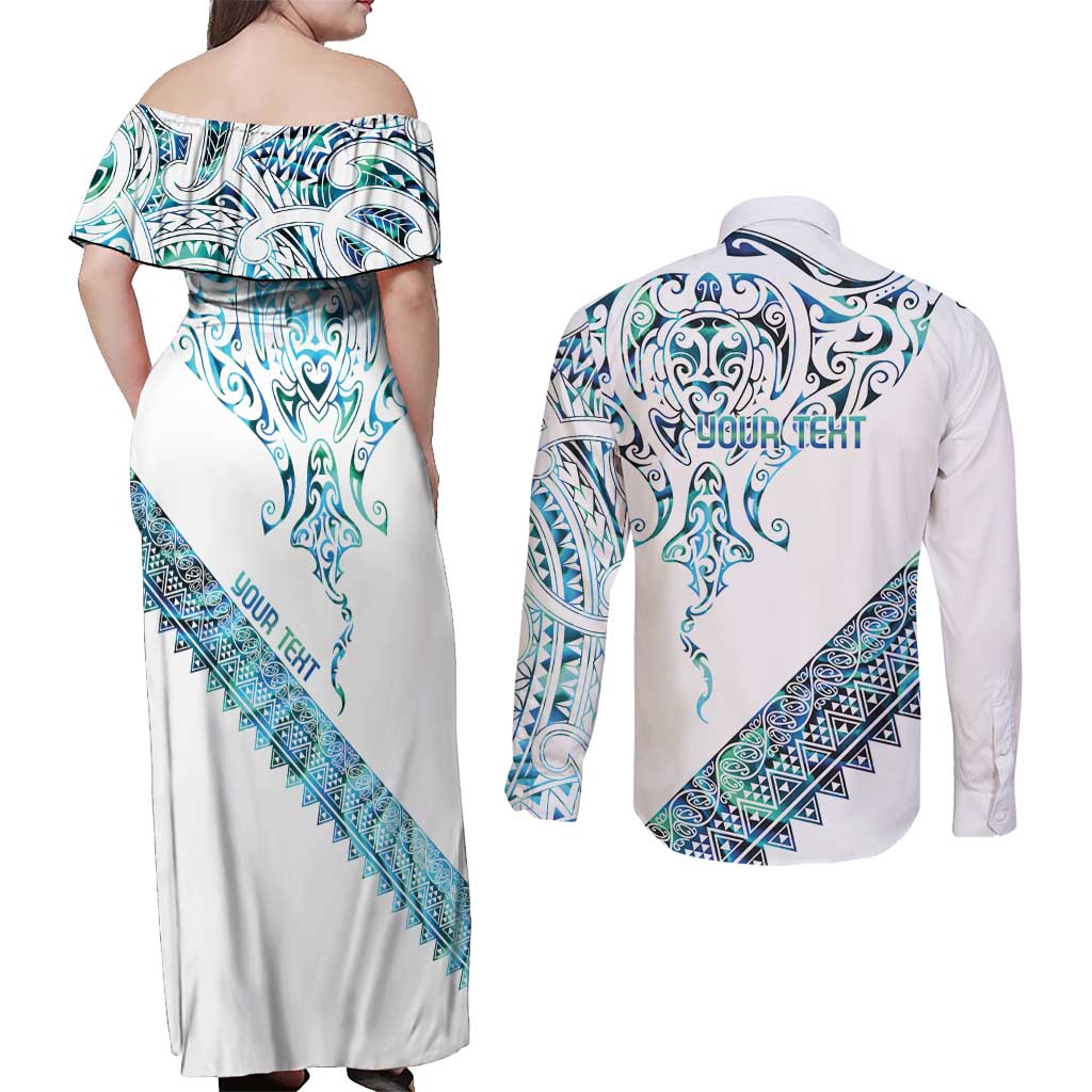Kahui Whetu Paua shell Kowhaiwhai Taniko Personalised Couples Matching Off Shoulder Maxi Dress and Long Sleeve Button Shirt Manta Ray Shark-Turtle Maori Tribal Style