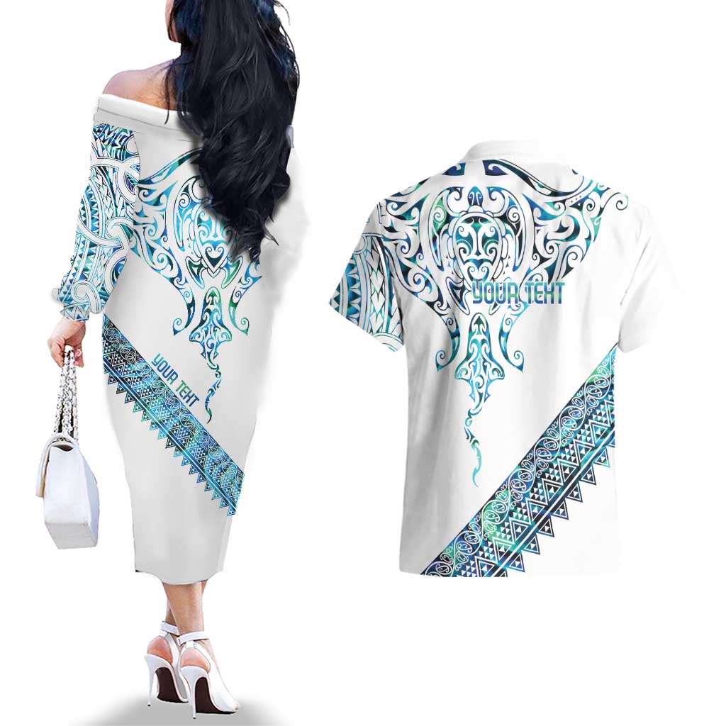 Kahui Whetu Paua shell Kowhaiwhai Taniko Personalised Couples Matching Off The Shoulder Long Sleeve Dress and Hawaiian Shirt Manta Ray Shark-Turtle Maori Tribal Style