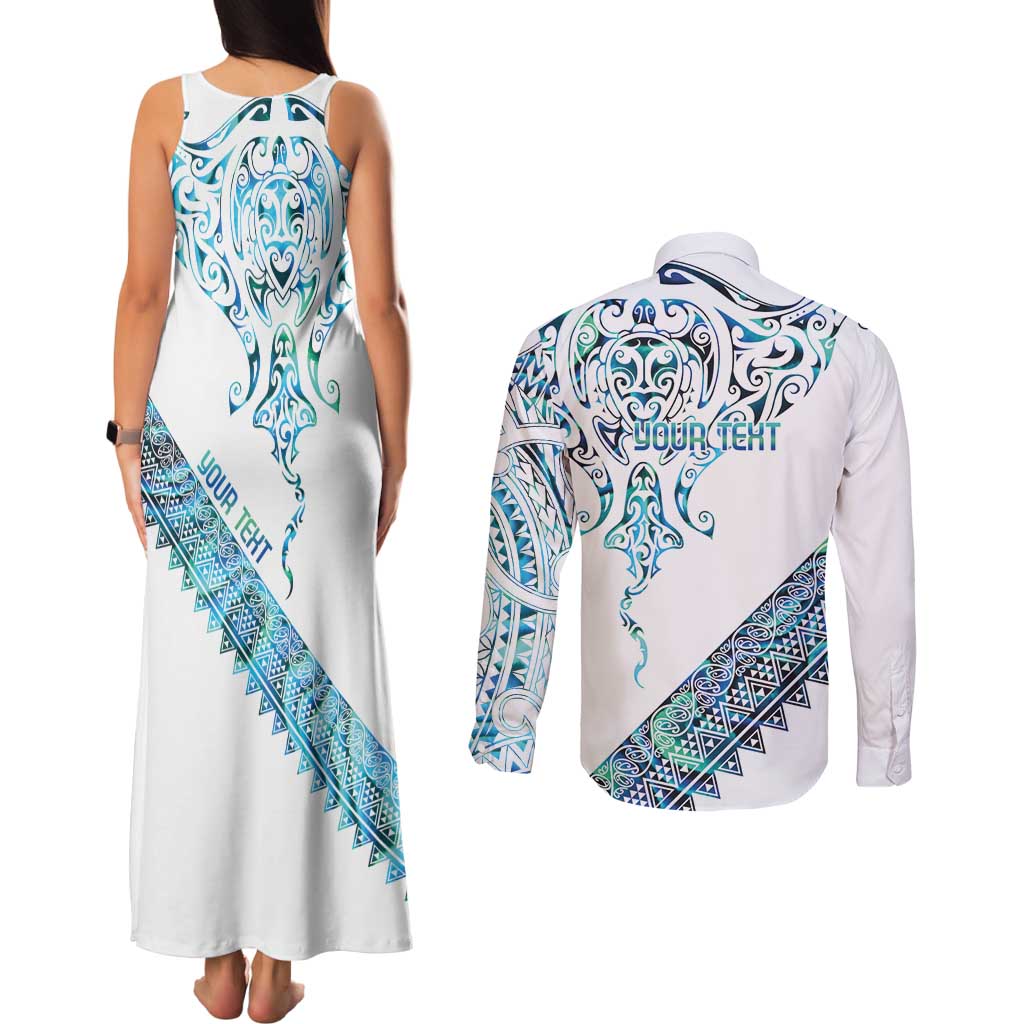 Kahui Whetu Paua shell Kowhaiwhai Taniko Personalised Couples Matching Tank Maxi Dress and Long Sleeve Button Shirt Manta Ray Shark-Turtle Maori Tribal Style