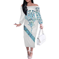 Kahui Whetu Paua shell Kowhaiwhai Taniko Personalised Family Matching Off The Shoulder Long Sleeve Dress and Hawaiian Shirt Manta Ray Shark-Turtle Maori Tribal Style