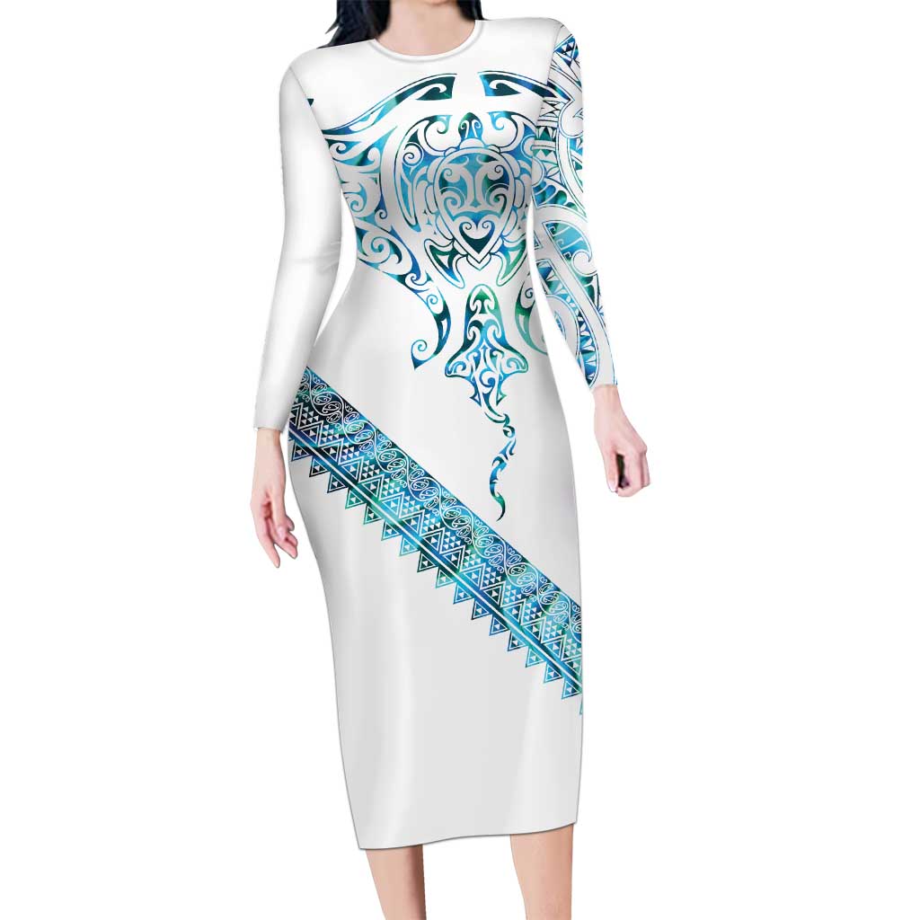 Kahui Whetu Paua shell Kowhaiwhai Taniko Personalised Long Sleeve Bodycon Dress Manta Ray Shark-Turtle Maori Tribal Style LT9 Long Dress Blue - Polynesian Pride