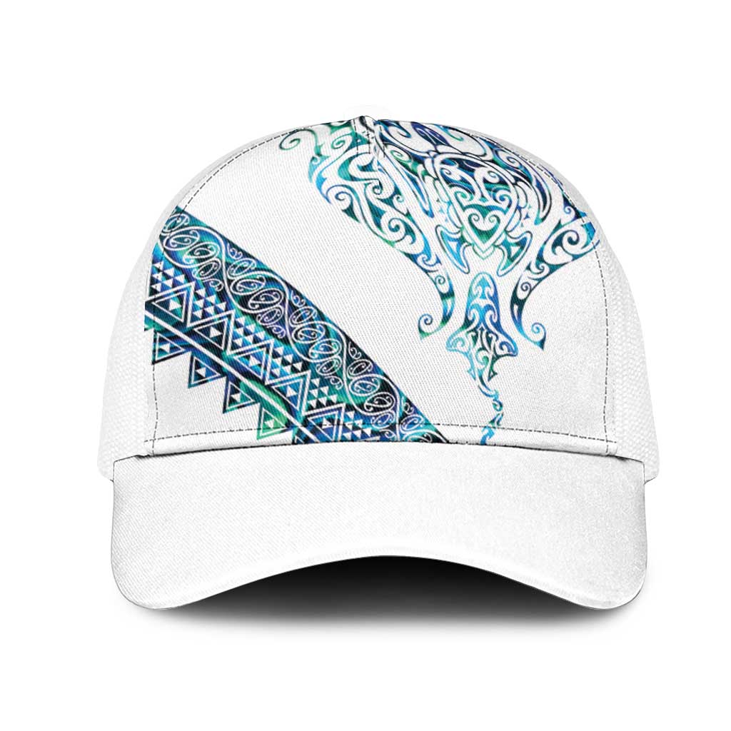 Kahui Whetu Paua shell Kowhaiwhai Taniko Mesh Trucker Cap Manta Ray Shark-Turtle Maori Tribal Style LT9 One Size White Blue - Polynesian Pride