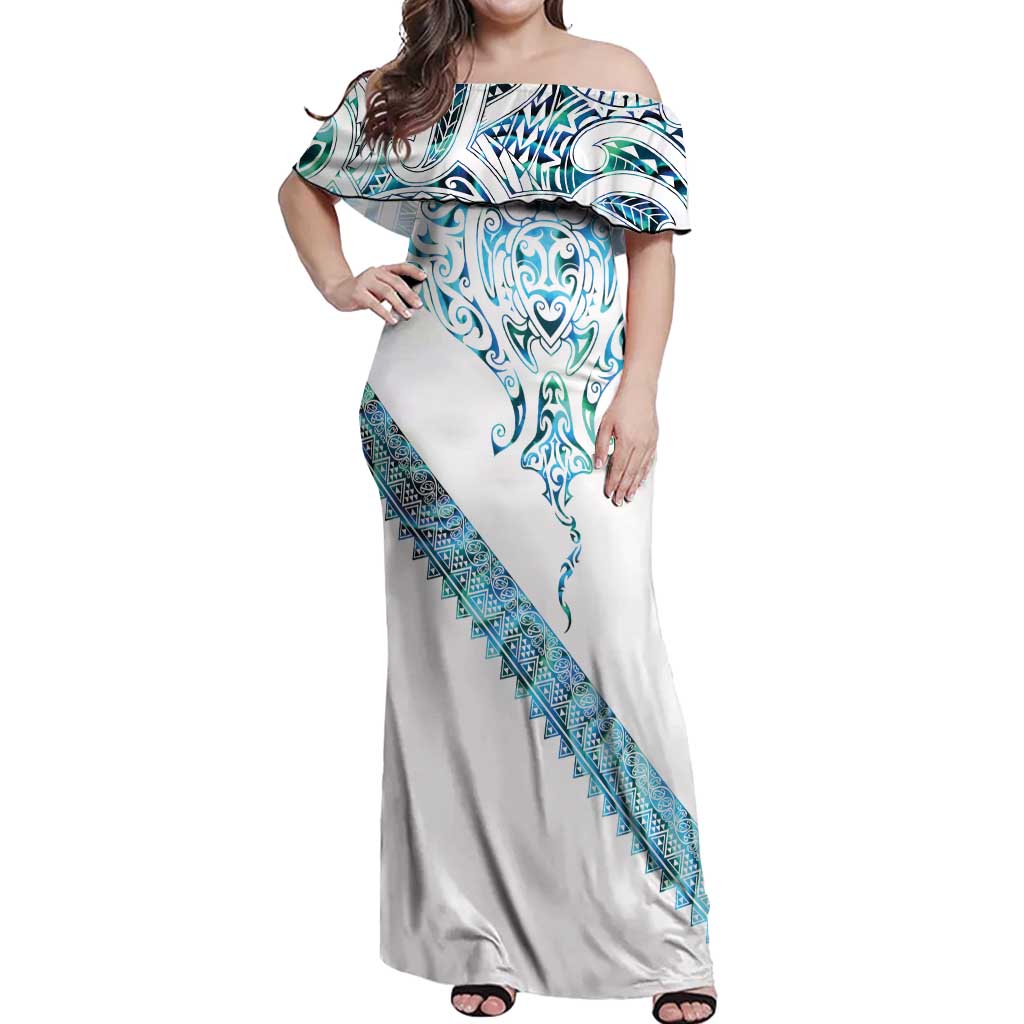 Kahui Whetu Paua shell Kowhaiwhai Taniko Personalised Off Shoulder Maxi Dress Manta Ray Shark-Turtle Maori Tribal Style LT9 Women Blue - Polynesian Pride