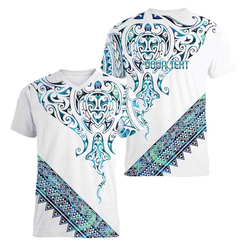 Kahui Whetu Paua shell Kowhaiwhai Taniko Personalised Women V-Neck T-Shirt Manta Ray Shark-Turtle Maori Tribal Style
