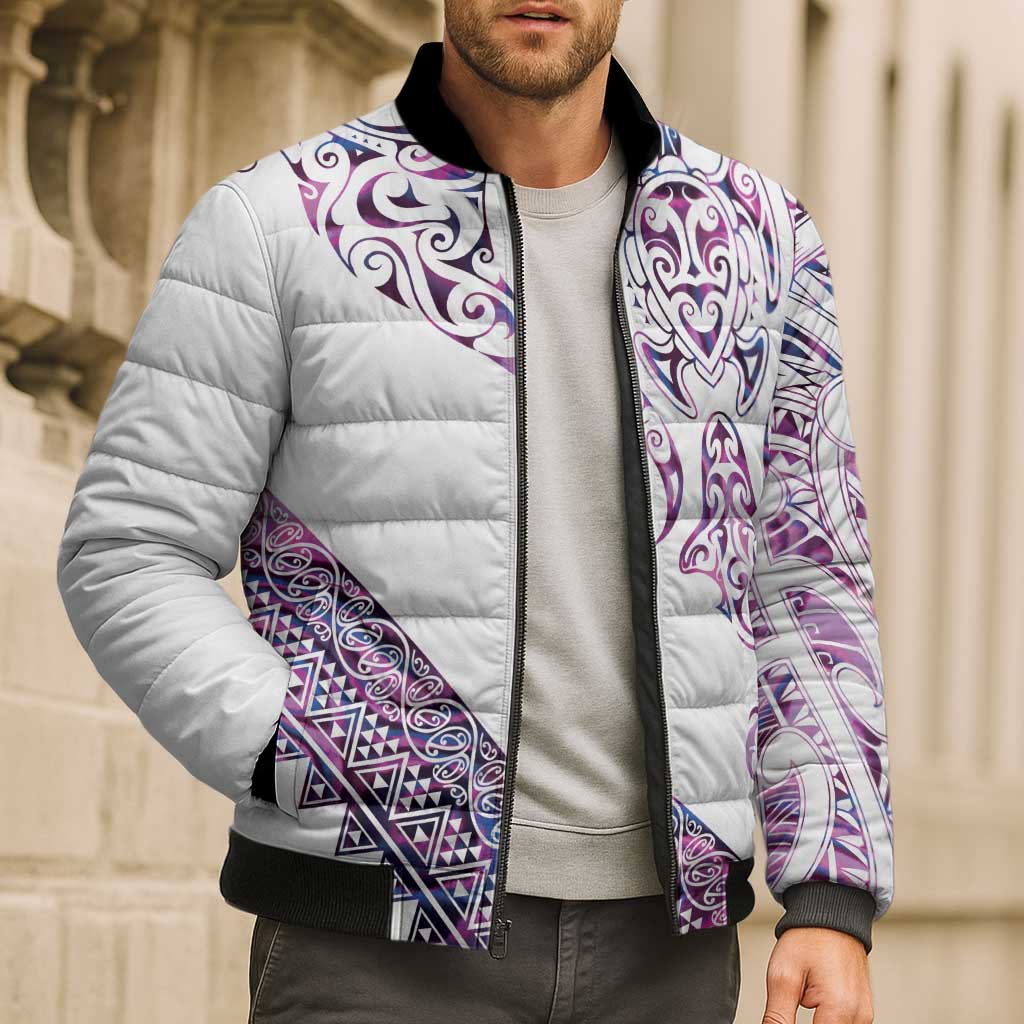 Mawhero Paua shell Kowhaiwhai Taniko Personalised Bomber Puffer Jacket Manta Ray Shark-Turtle Maori Tribal Style