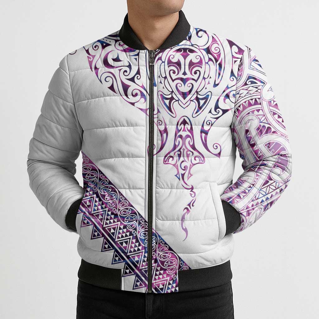 Mawhero Paua shell Kowhaiwhai Taniko Personalised Bomber Puffer Jacket Manta Ray Shark-Turtle Maori Tribal Style