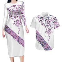 Mawhero Paua shell Kowhaiwhai Taniko Personalised Couples Matching Long Sleeve Bodycon Dress and Hawaiian Shirt Manta Ray Shark-Turtle Maori Tribal Style