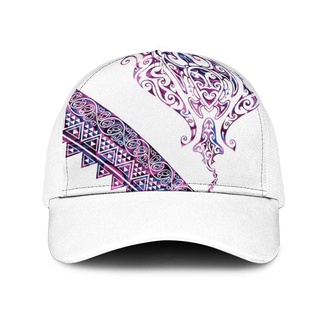 Mawhero Paua shell Kowhaiwhai Taniko Mesh Trucker Cap Manta Ray Shark-Turtle Maori Tribal Style LT9 One Size White Pink - Polynesian Pride
