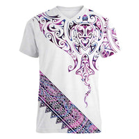 Mawhero Paua shell Kowhaiwhai Taniko Personalised Women V-Neck T-Shirt Manta Ray Shark-Turtle Maori Tribal Style