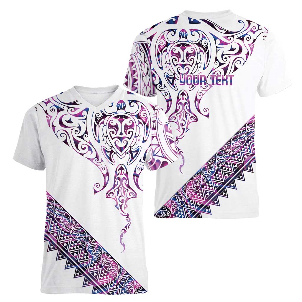 Mawhero Paua shell Kowhaiwhai Taniko Personalised Women V-Neck T-Shirt Manta Ray Shark-Turtle Maori Tribal Style