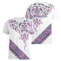 Mawhero Paua shell Kowhaiwhai Taniko Personalised Women V-Neck T-Shirt Manta Ray Shark-Turtle Maori Tribal Style