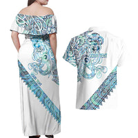 Kahui Whetu Paua shell Kowhaiwhai Taniko Personalised Couples Matching Off Shoulder Maxi Dress and Hawaiian Shirt Taniwha Maori Tribal Style