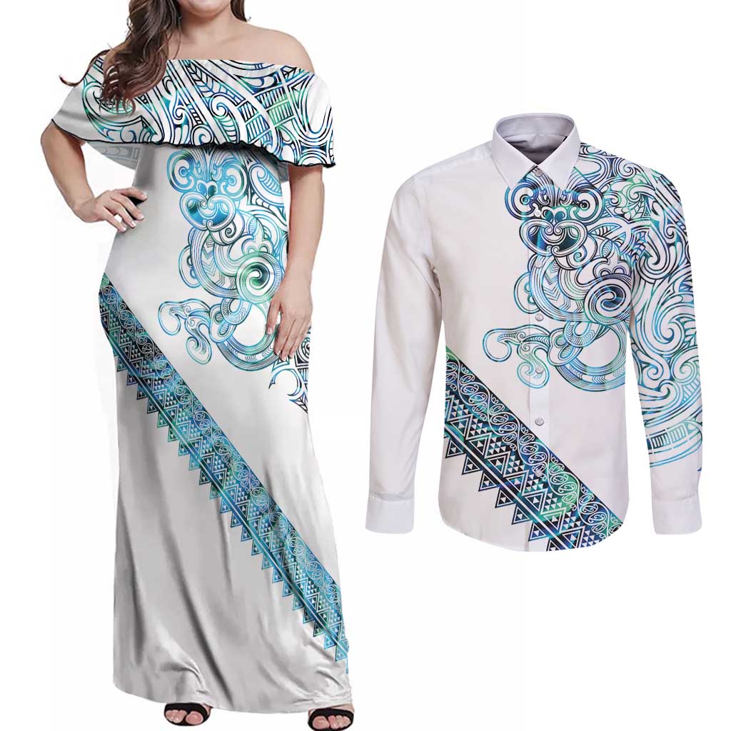Kahui Whetu Paua shell Kowhaiwhai Taniko Personalised Couples Matching Off Shoulder Maxi Dress and Long Sleeve Button Shirt Taniwha Maori Tribal Style