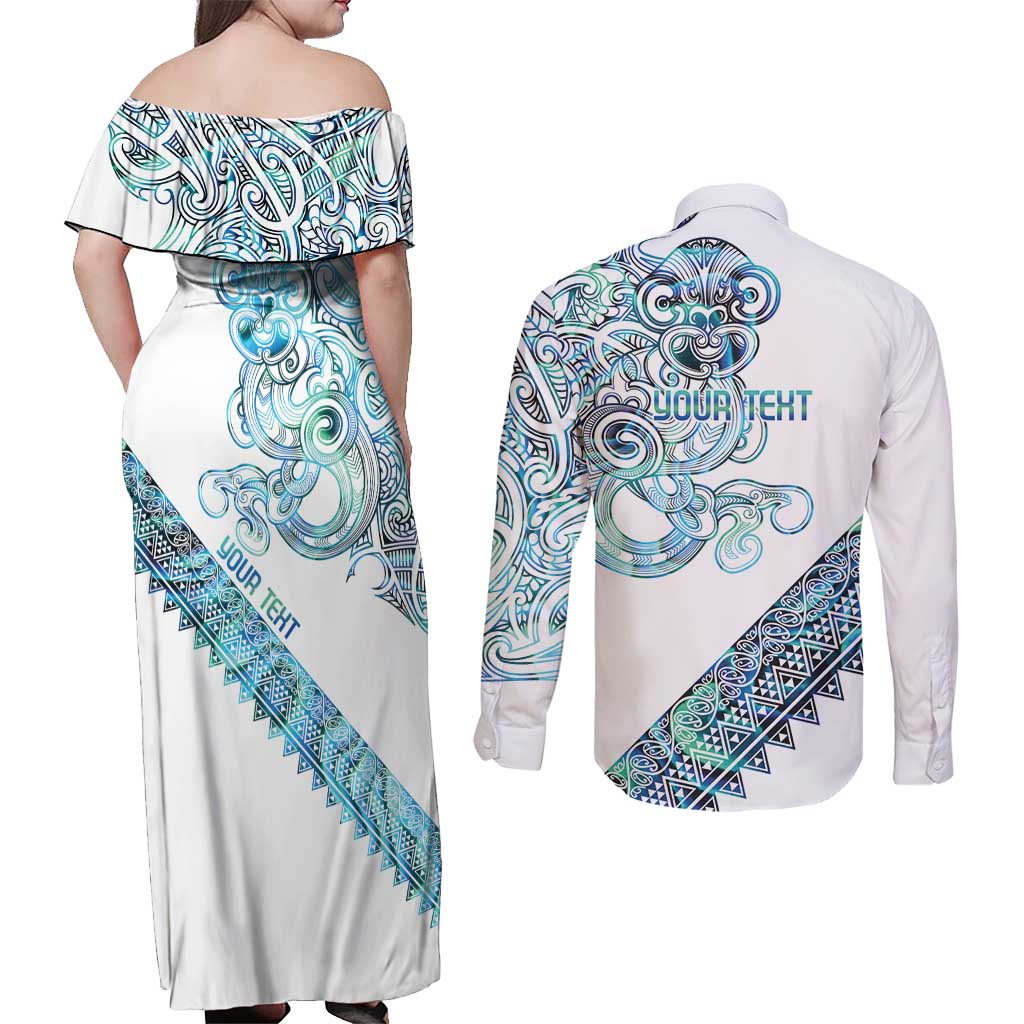 Kahui Whetu Paua shell Kowhaiwhai Taniko Personalised Couples Matching Off Shoulder Maxi Dress and Long Sleeve Button Shirt Taniwha Maori Tribal Style