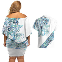 Kahui Whetu Paua shell Kowhaiwhai Taniko Personalised Couples Matching Off Shoulder Short Dress and Hawaiian Shirt Taniwha Maori Tribal Style