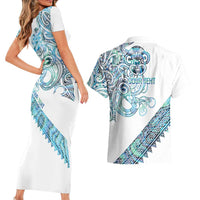 Kahui Whetu Paua shell Kowhaiwhai Taniko Personalised Couples Matching Short Sleeve Bodycon Dress and Hawaiian Shirt Taniwha Maori Tribal Style