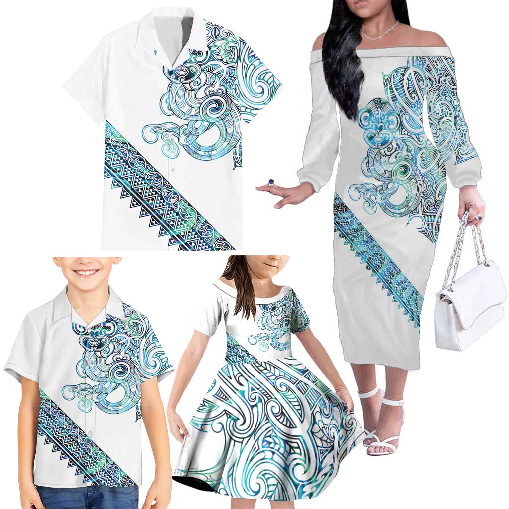 Kahui Whetu Paua shell Kowhaiwhai Taniko Personalised Family Matching Off The Shoulder Long Sleeve Dress and Hawaiian Shirt Taniwha Maori Tribal Style LT9 - Polynesian Pride