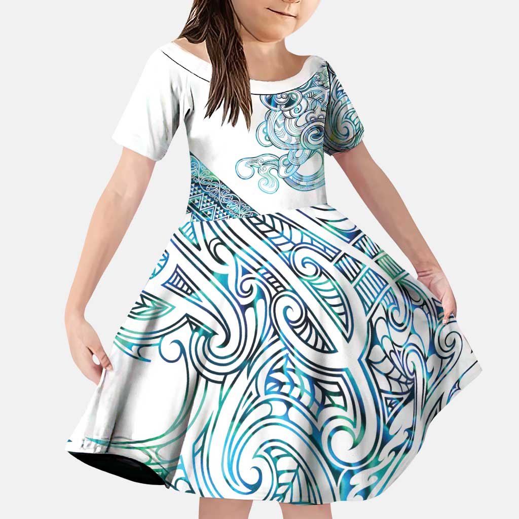 Kahui Whetu Paua shell Kowhaiwhai Taniko Personalised Family Matching Off Shoulder Short Dress and Hawaiian Shirt Taniwha Maori Tribal Style