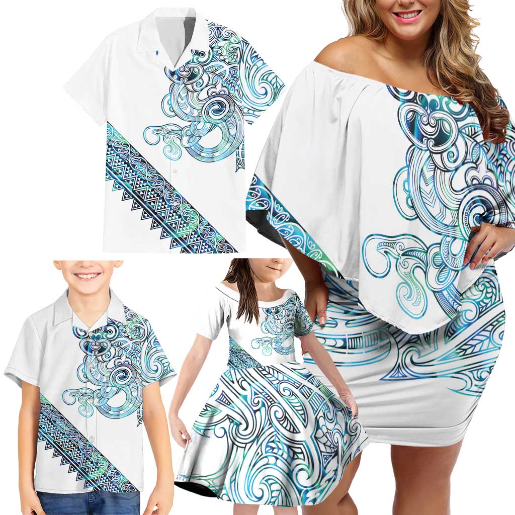 Kahui Whetu Paua shell Kowhaiwhai Taniko Personalised Family Matching Off Shoulder Short Dress and Hawaiian Shirt Taniwha Maori Tribal Style LT9 - Polynesian Pride